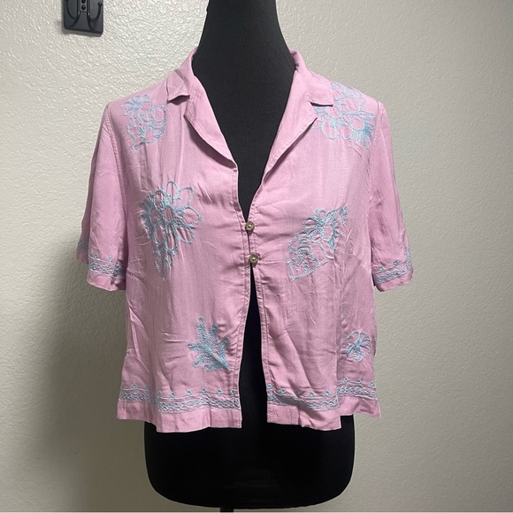 American Eagle Violet Cropped Floral Embroidered Resort Boxy Shirt XL - Picture 2 of 9